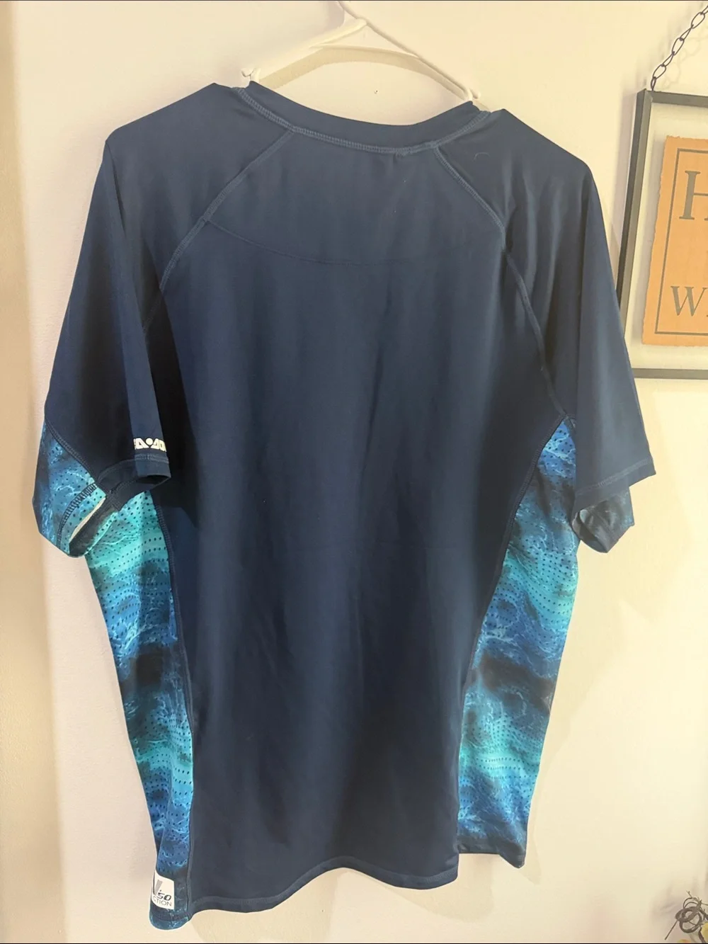 Men's Navy Blue Short Sleeve Swim Rash Guard with Teal Panels